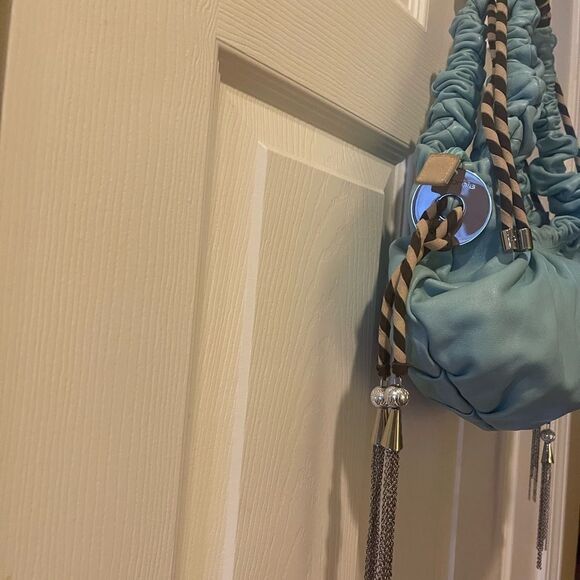 Cromia leather Blue shoulder bag Khaki & brown accent silver tone chain charms - Picture 8 of 16